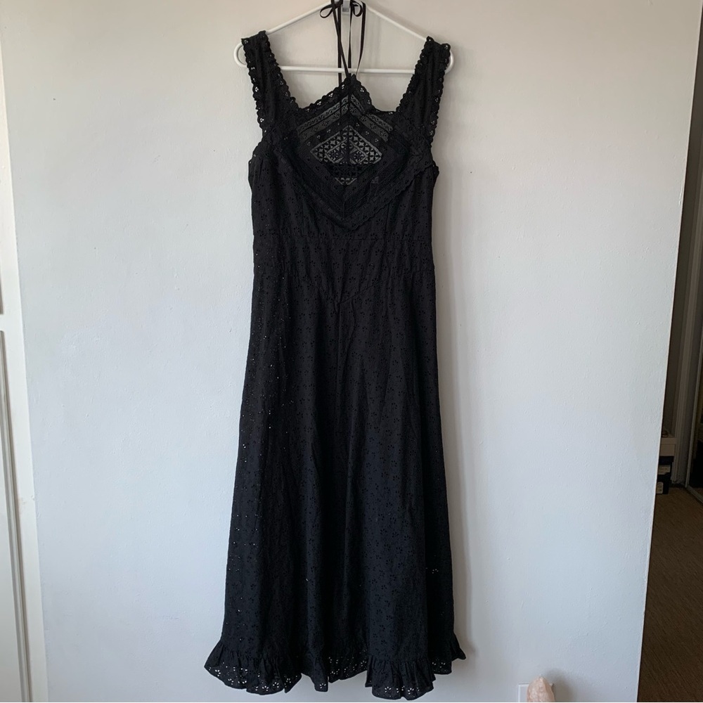NWT Doen Frieda Cotton Eyelet Ruffle Lace Halter A Line Midi Maxi Dress Black - Picture 6 of 13
